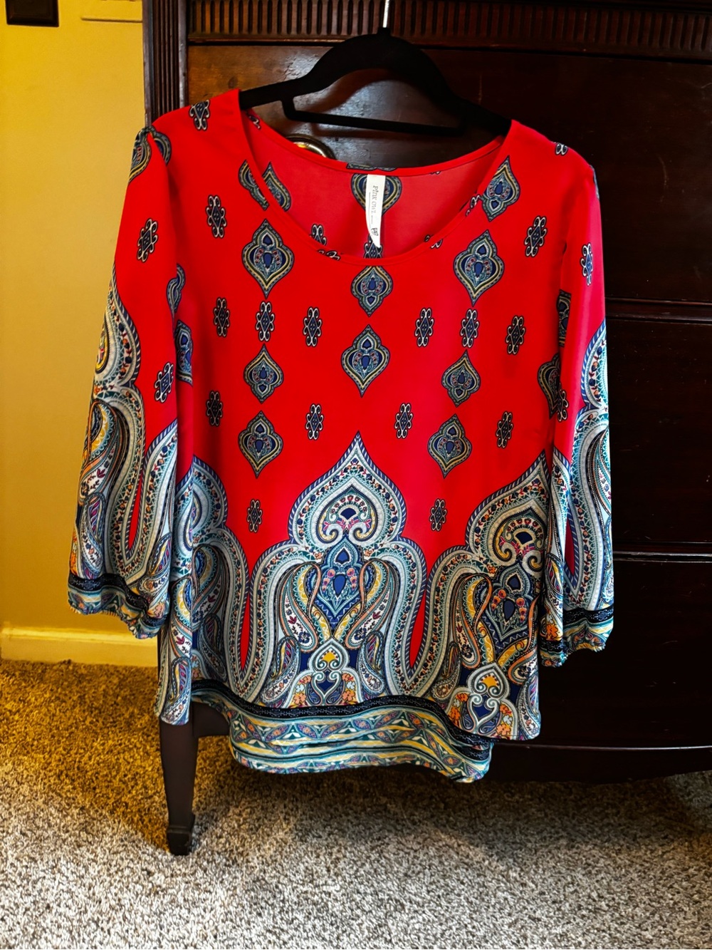 Pink Owl Red Paisley-Border Scoop Neck Tunic
